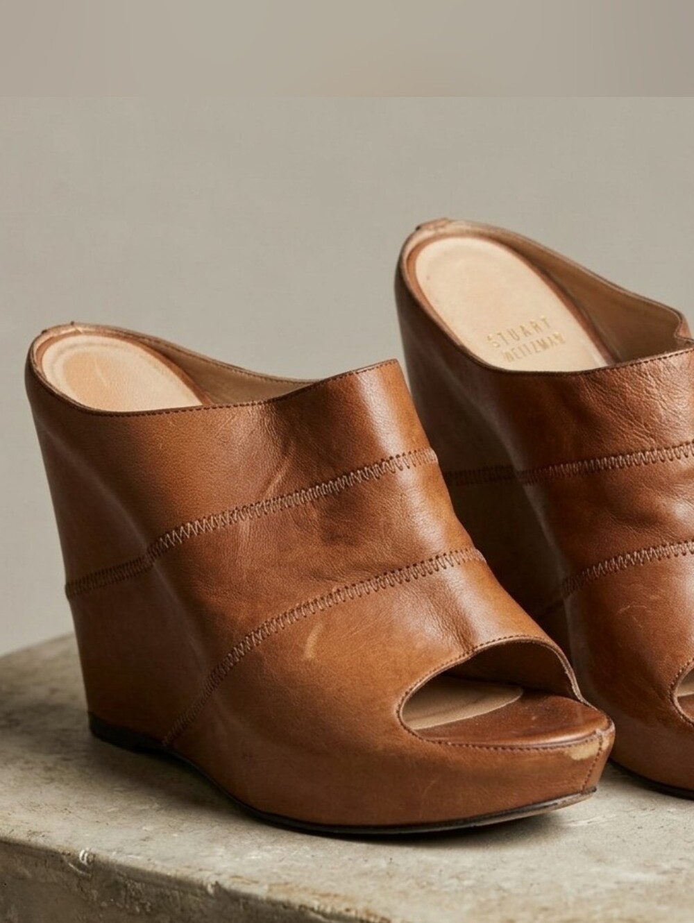 Stuart Weitzman Women's Brown Leather Wedge Mules